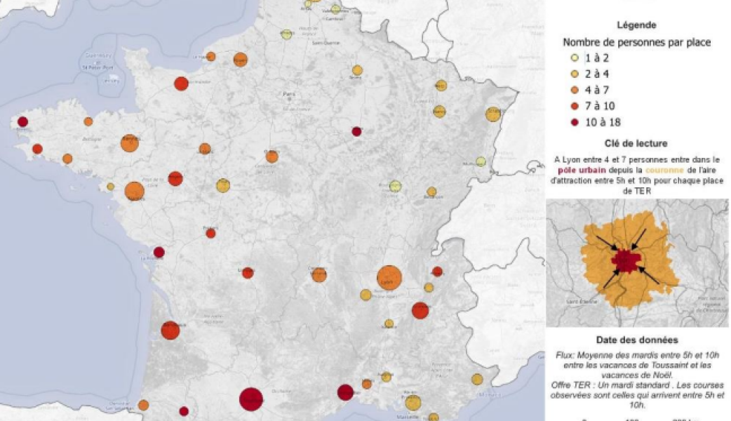 Carte nombre de personnes par place TER entrantes dans le pôle urbain