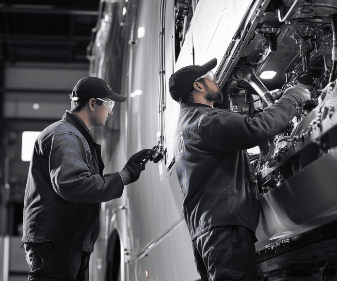 Techniciens Transdev effectuant la maintenance d’un bus.