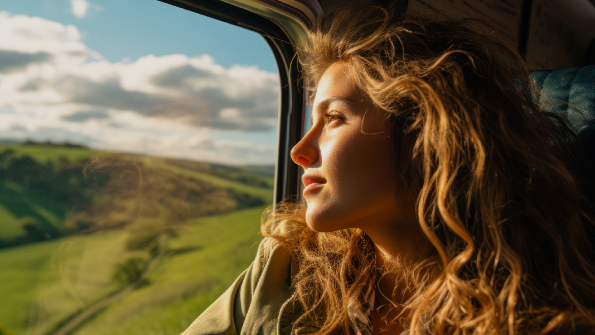 Jeune femme qui regarde par la fenêtre d'un train