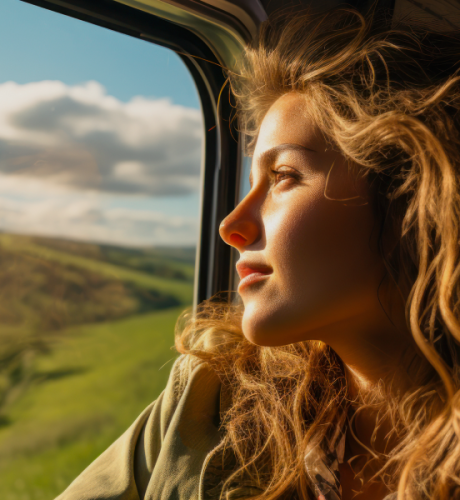 Jeune femme qui regarde par la fenêtre d'un train