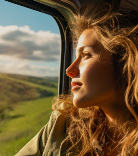 Jeune femme qui regarde par la fenêtre d'un train