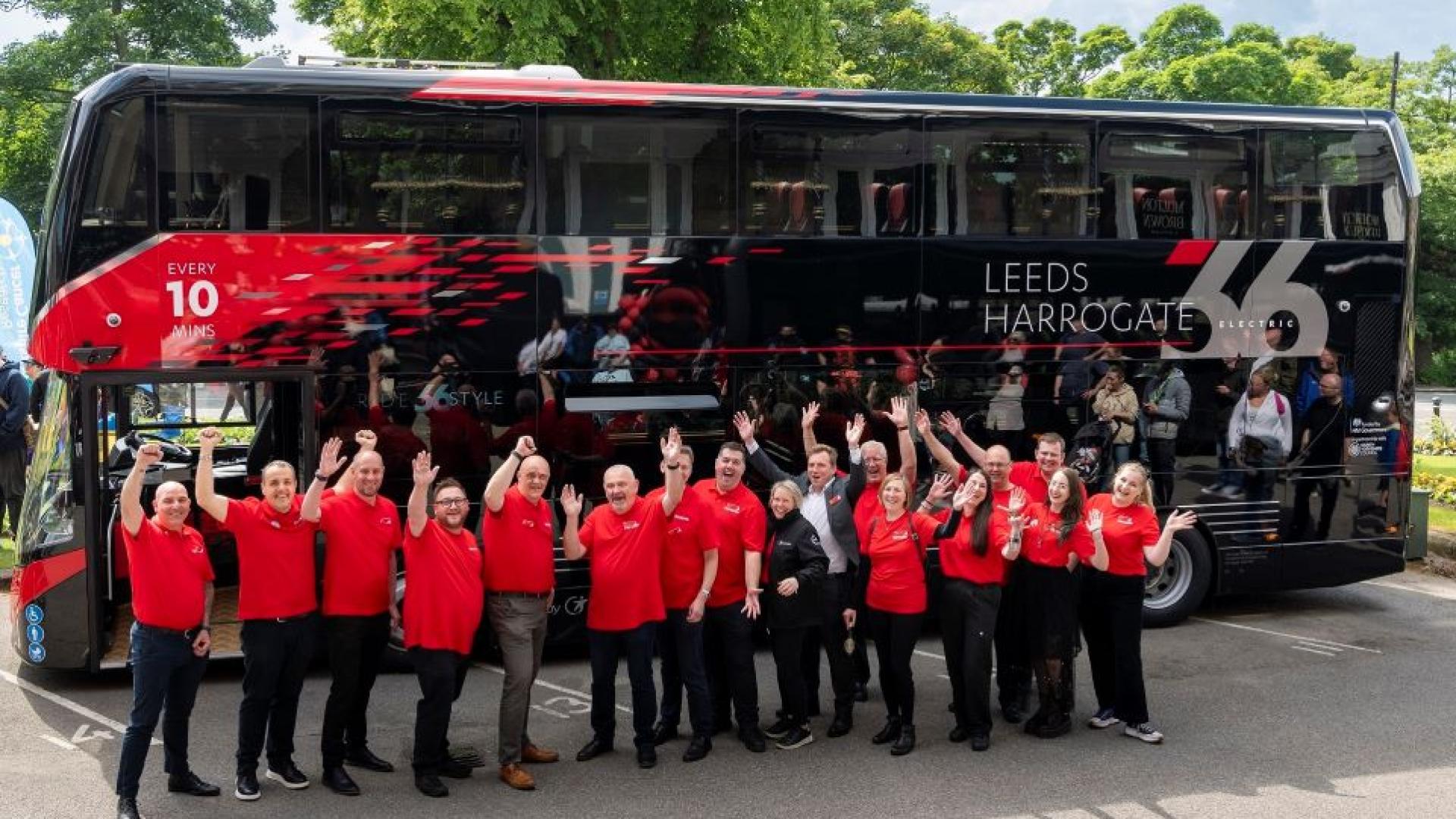 Leeds Harrogate New Electric Buses and Transdev Staff Waving