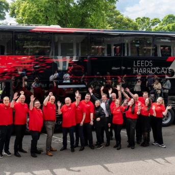 Leeds Harrogate New Electric Buses and Transdev Staff Waving