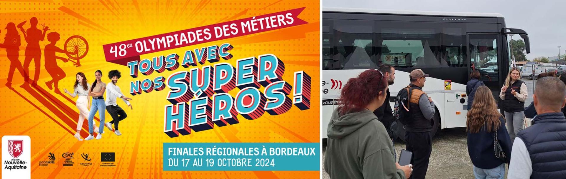 Bannière Olympiades des métiers et personnes autour d'un bus