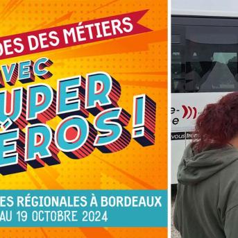 Bannière Olympiades des métiers et personnes autour d'un bus
