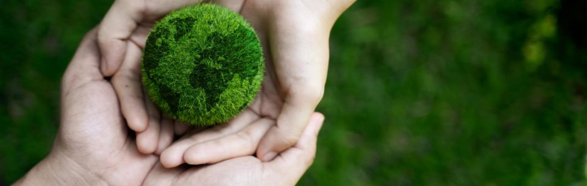 Quatre mains qui soulèvent un globe terrestre en mousse