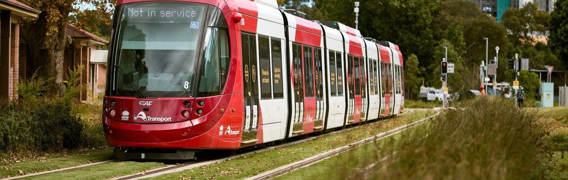 Red and white tramway in Parramatta - Australia