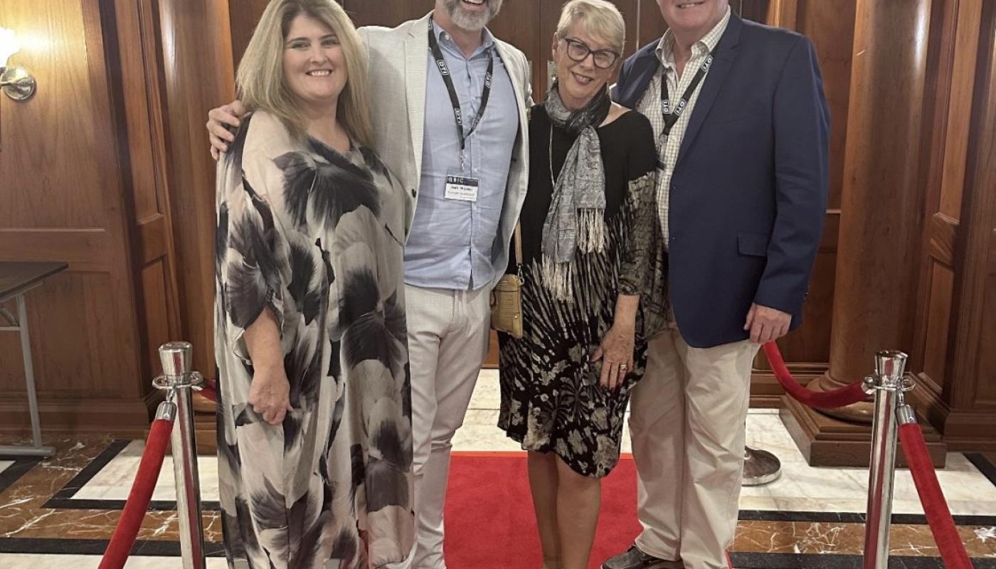 Transdev Qld’s Operations Manager Tralee Cunningham (L-R) and Head of Business Operations Mark Thatcher with award winning bus driver Sue Bishop and Managing Director Mark McKenzie