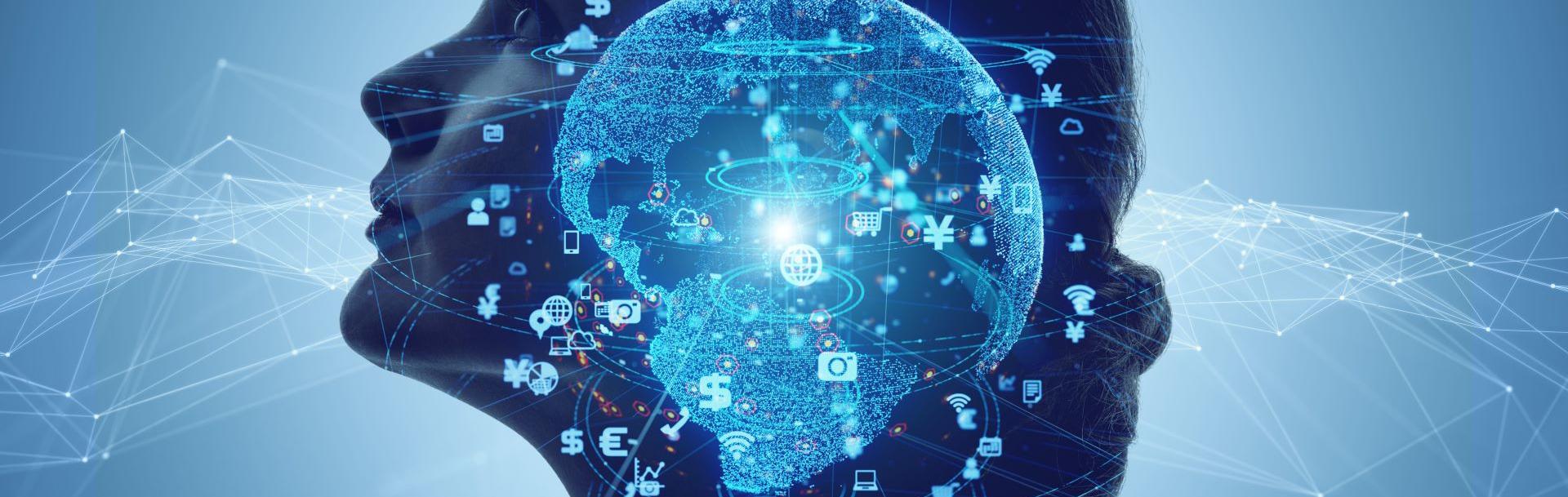 Visage de femme de profil et illustration de datas dans le cerveau