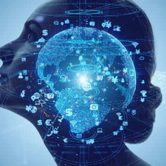 Visage de femme de profil et illustration de datas dans le cerveau