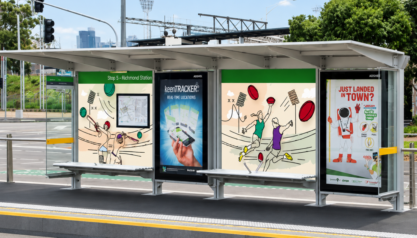 MCG tram shelter at the Richmond Station stop in Melbourne, featuring scenes of cricket and Australian football from Yarra Trams' Art Stops series.