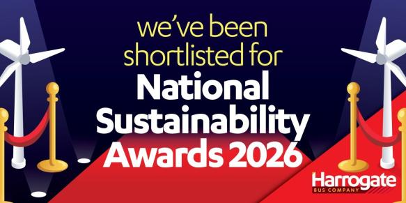 Visuel annonçant la sélection de Harrogate Bus Company comme finaliste des National Sustainability Awards 2026
