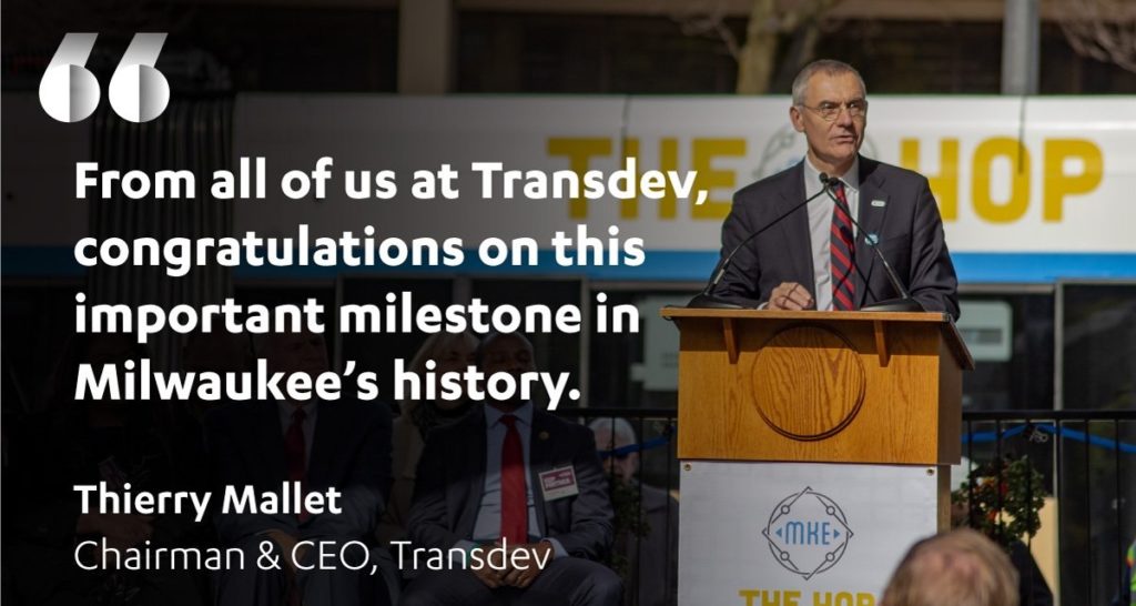 Transdev USA Milwaukee The Hop streetcar tramway inauguration launch Thierry Mallet speech