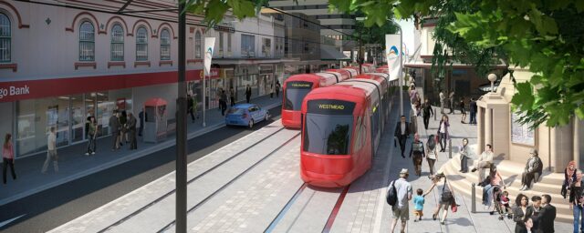 Parramatta red Light Rail Macquarie Street Australia tramway rouge Transdev mobility company passengers passagers