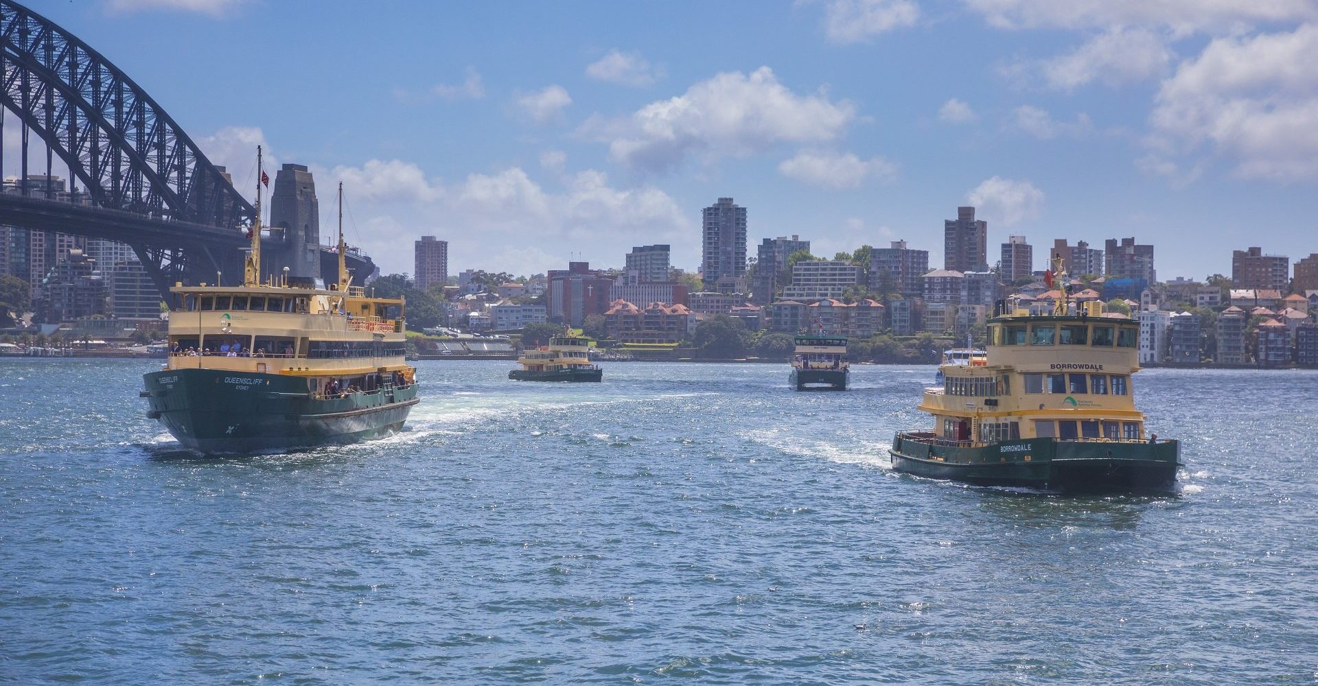 Transdev Sydney Ferries ferry boats bateaux jaunes et verts traversant la baie