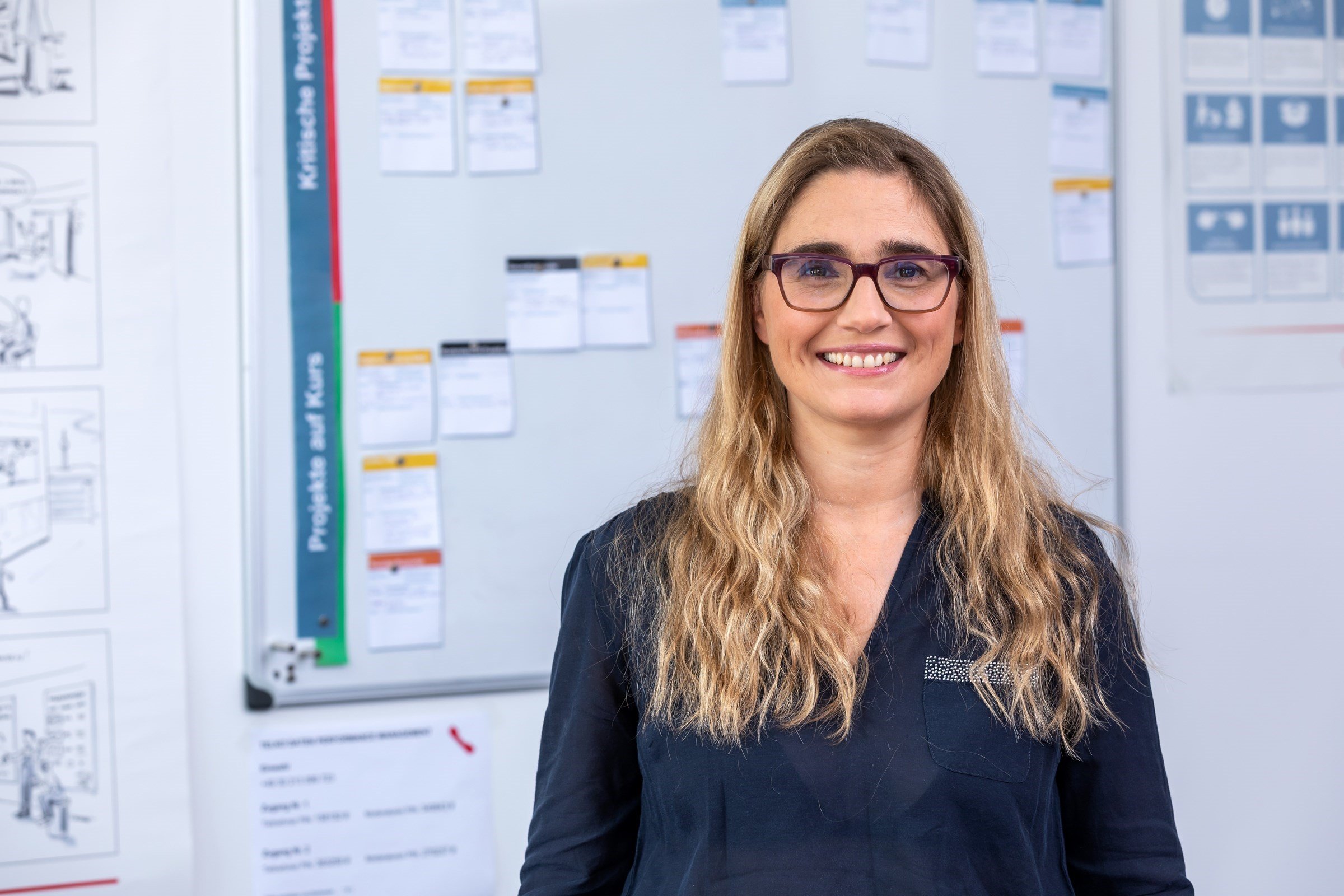 woman smiling in front of a blurred whiteboard brainstorming controller project management