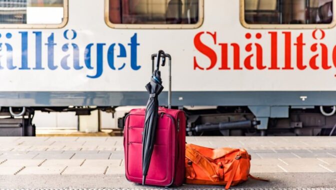 bagage rose et un parapluie prit en photo devant un train