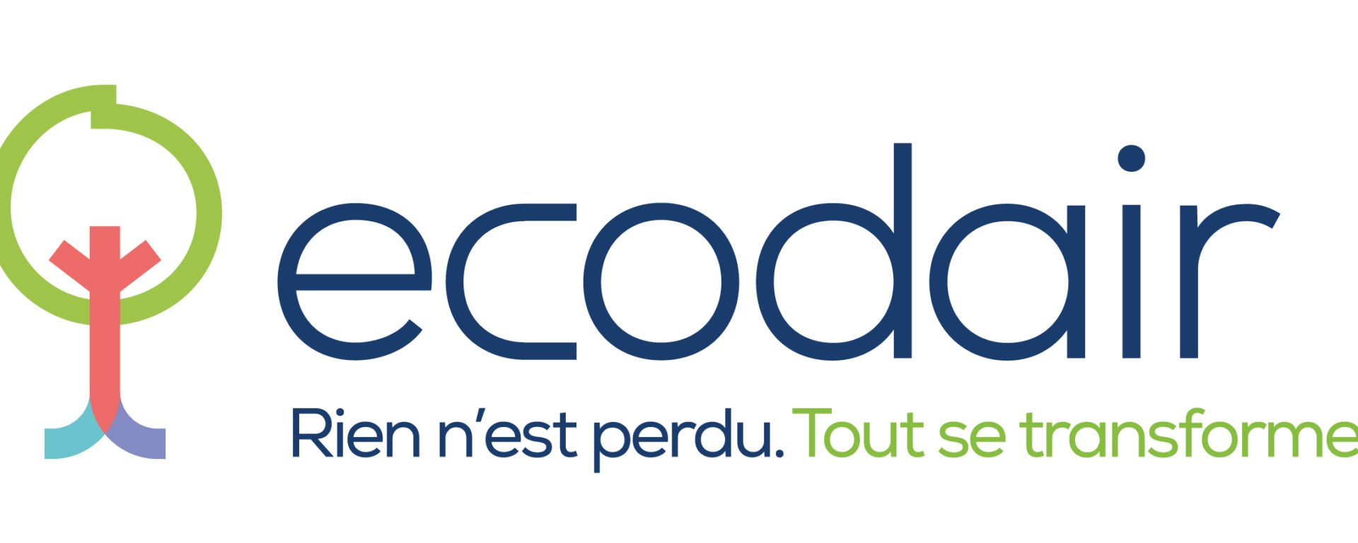 Ecodair-Logo principalement vert et bleu avec un petit dessin en forme d'arbre horizontal