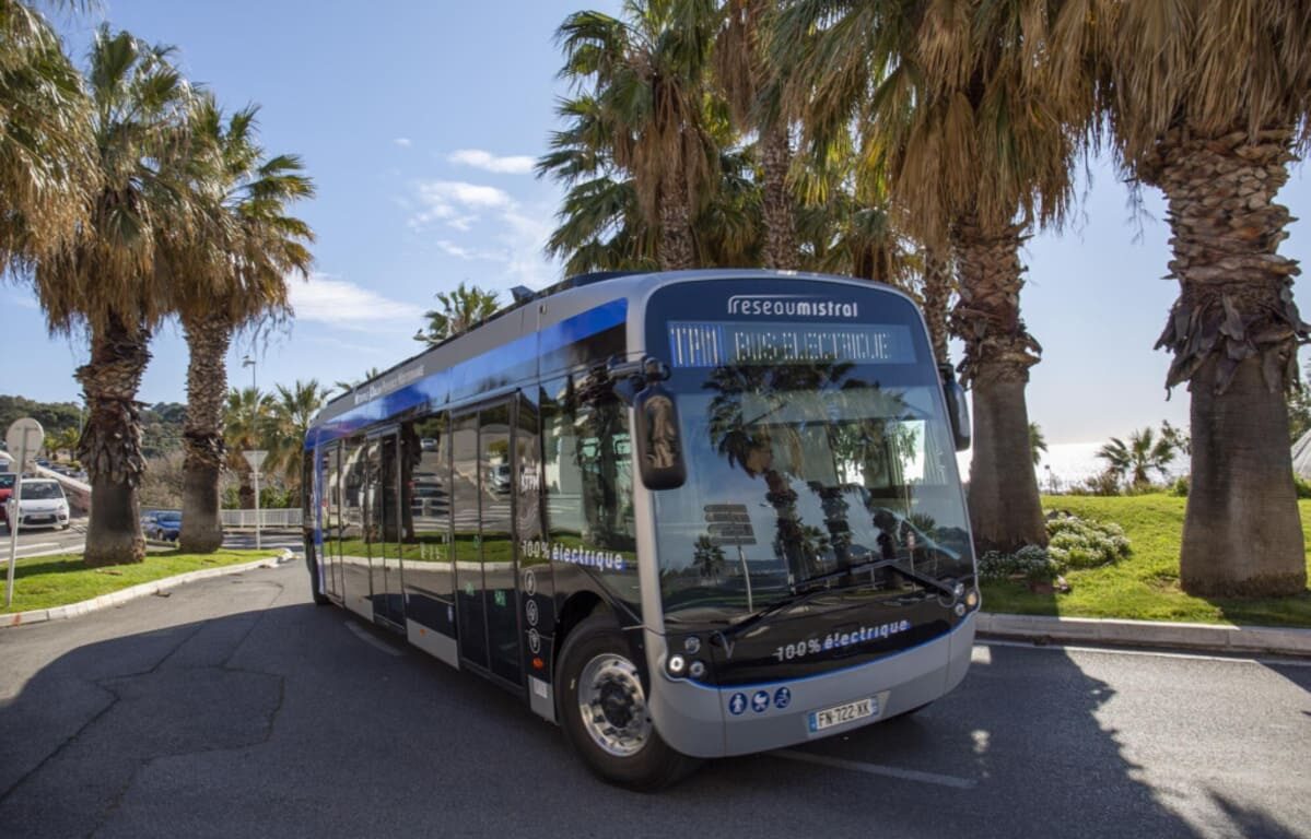 bus réseau mistral circulant sur la roue à côté de plusieurs palmiers