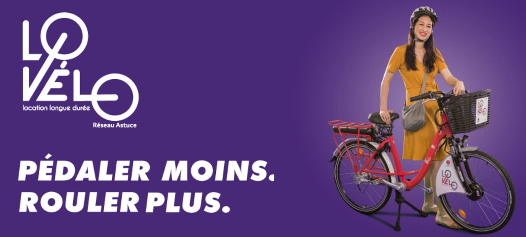 lovélo acceuil représenté par un fond violet et une femme faisant du vélo