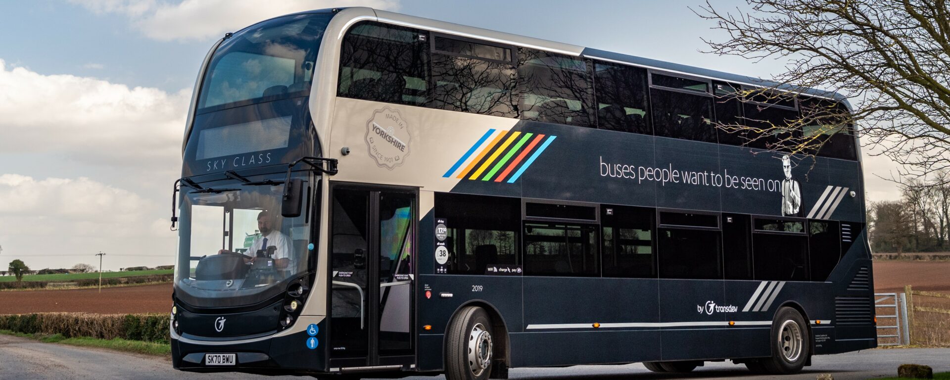 Transdev UK Sky Class black double decker bus