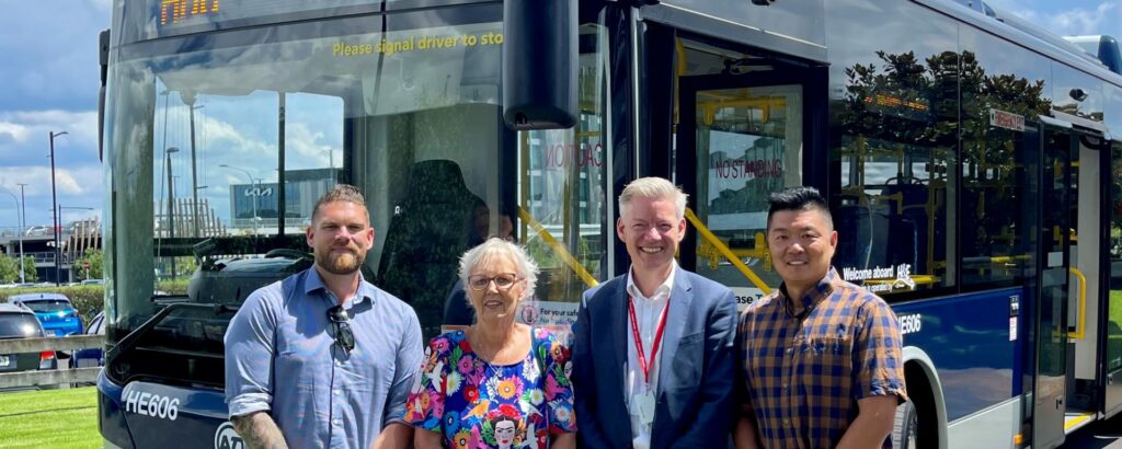 JW Group General Manager Jo Crickett (L-R), Transdev’s Sheryll Otway, Peter Lensink and JW Group Director Wei Zhou with one of the new Yutong electric buses.