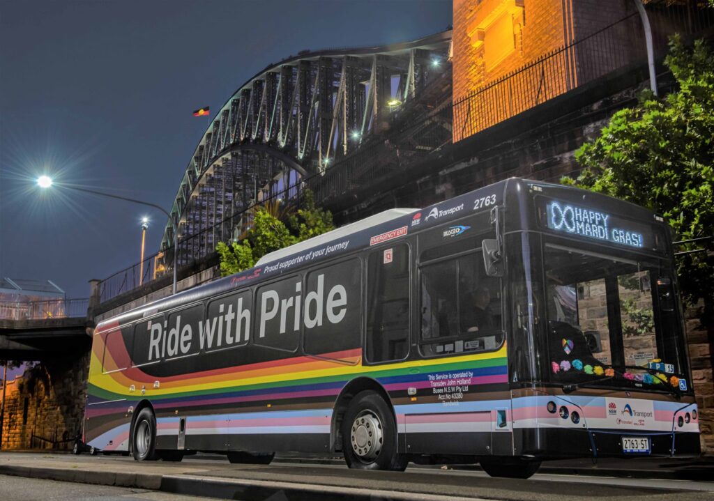 Transdev Australia Ride with Pride brightly-wrapped and decorated buses