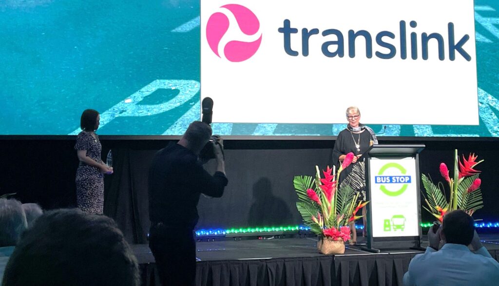 Transdev’s award winning bus driver Sue Bishop on stage at the Qld Bus Industry Council Gala Dinner