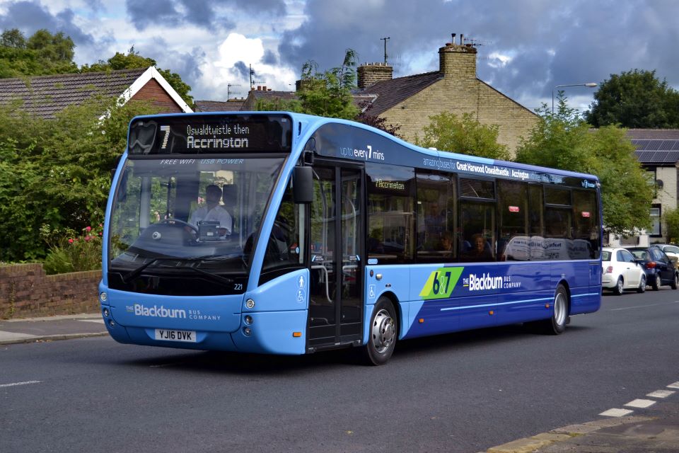 The Blackburn Bus Company blue bus route number 7